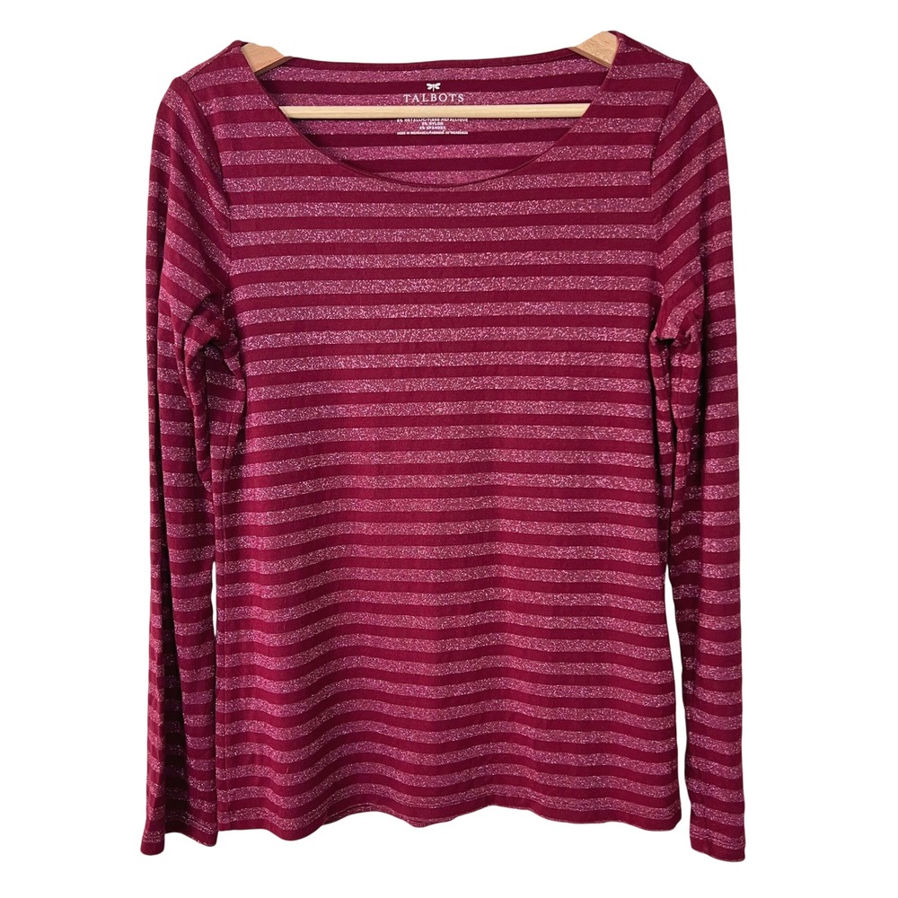 Talbots Womens Red Metallic Striped Long Sleeve Scoop Neck Sparkle Top Small